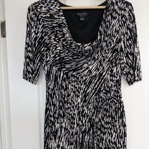 Connected Apparel Black & White Print Cowl Neck Ruched Dress, Size 8